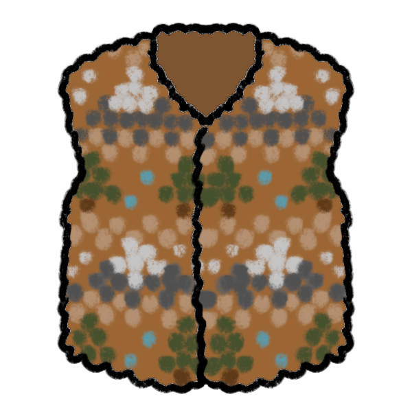 a bumpy crocheted brown vest with repeated depictions of trees, mountains, and rain. 